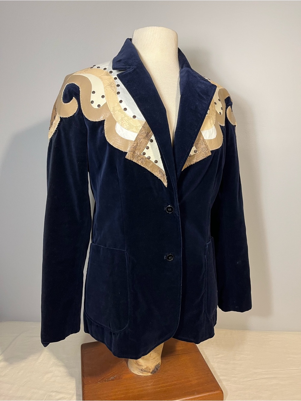 Navy Velvet Vintage Custom Upcycled Blazer Jacket Western Embellished - Picture 2 of 14